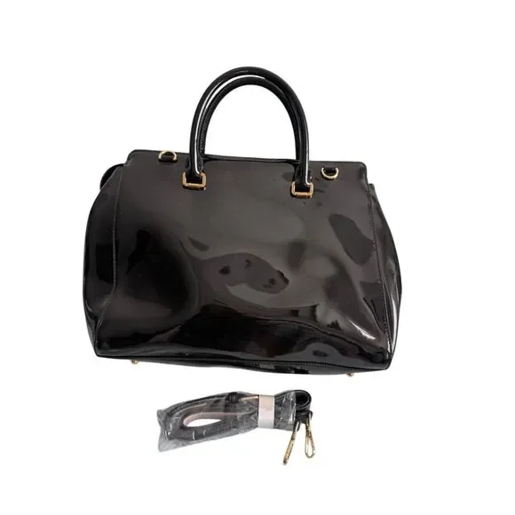 Lauren Ralph Lauren Womens Black Patent Leather Crossbody Satchel Bag Large - Picture 3 of 14